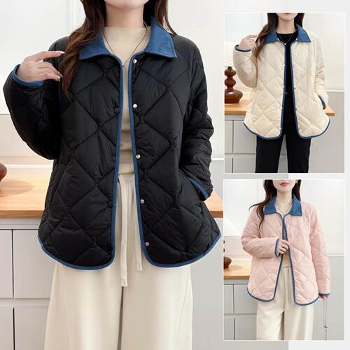 胖mm宽松微胖拼色翻领轻薄小棉衣