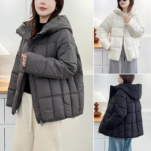 加肥加大码女装胖妹妹2025冬装新款中年棉衣连帽纯色方块格棉服女