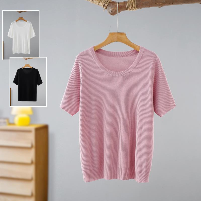 胖妹妹圆领坑条短袖针织显瘦T恤