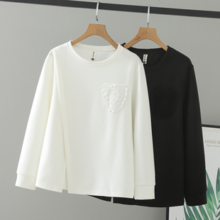 胖mm秋装 下摆开叉花边镂空口袋纯色中年卫衣圆领上衣女 2025大码