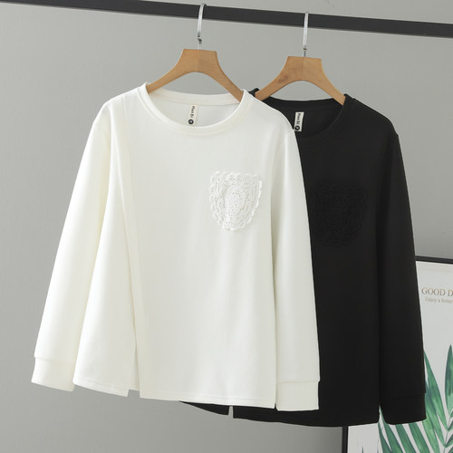 花边镂空口袋纯色卫衣圆领上衣女