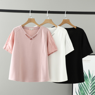 胖妹妹拼接200斤交叉上衣女遮肚子短袖 加肥加大码 新款 夏装 T恤 女装