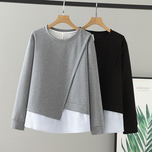 大码女装新款秋装胖妹妹圆领上衣显瘦假两件200斤胖mm拼接卫衣女