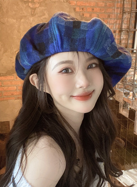 网红大版显白蓝色贝雷帽女秋冬季毛呢画家帽扎染时尚韩版云朵帽潮