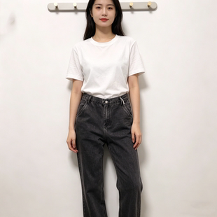 春秋新品女士大显瘦宽裤脚口女士直筒牛仔裤阔腿大脚腿粗宽松长裤