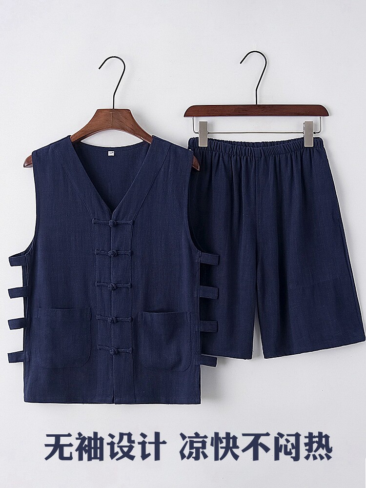 MIDDLE-AGED AND ELDERLY TANG COSTUME MEN SLEEVELESS VEST CHINESE STYLE MENS VEST RETRO HORSE COAT SHORTS COTTON LINEN SHOULDER T-SHIRT MEN