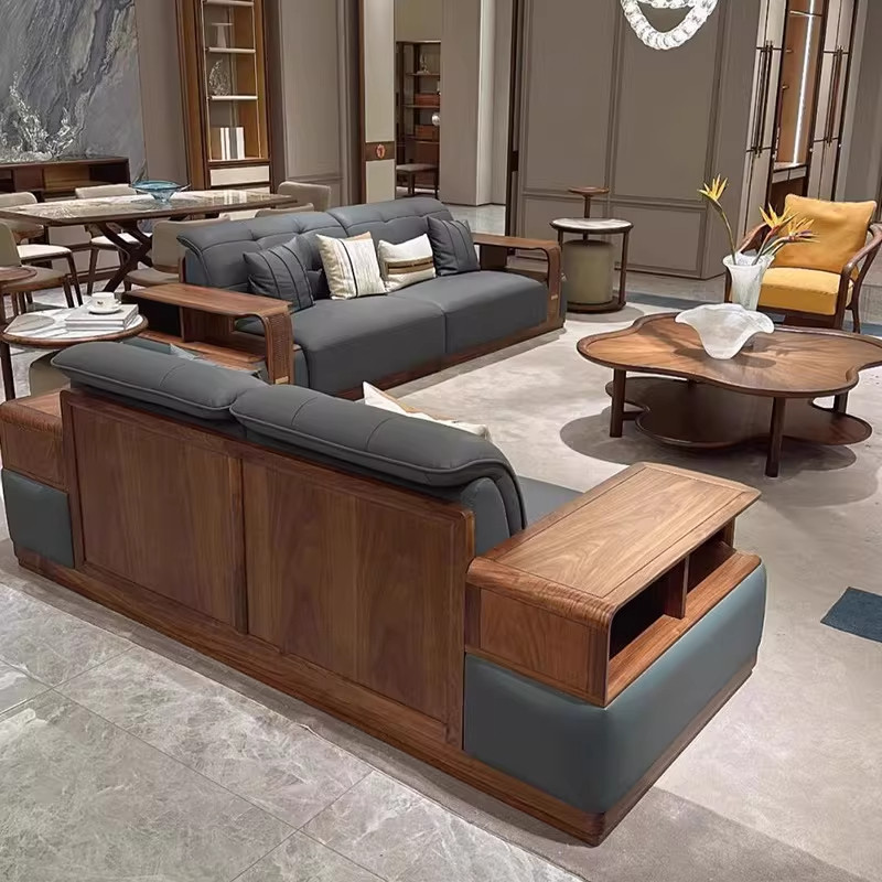 2026新款轻奢风实木沙发黑胡桃木皮艺沙发套组合现代简约客厅家具,住宅家具,实木沙发,淘宝优惠券,粉丝福利购,淘宝优惠卷