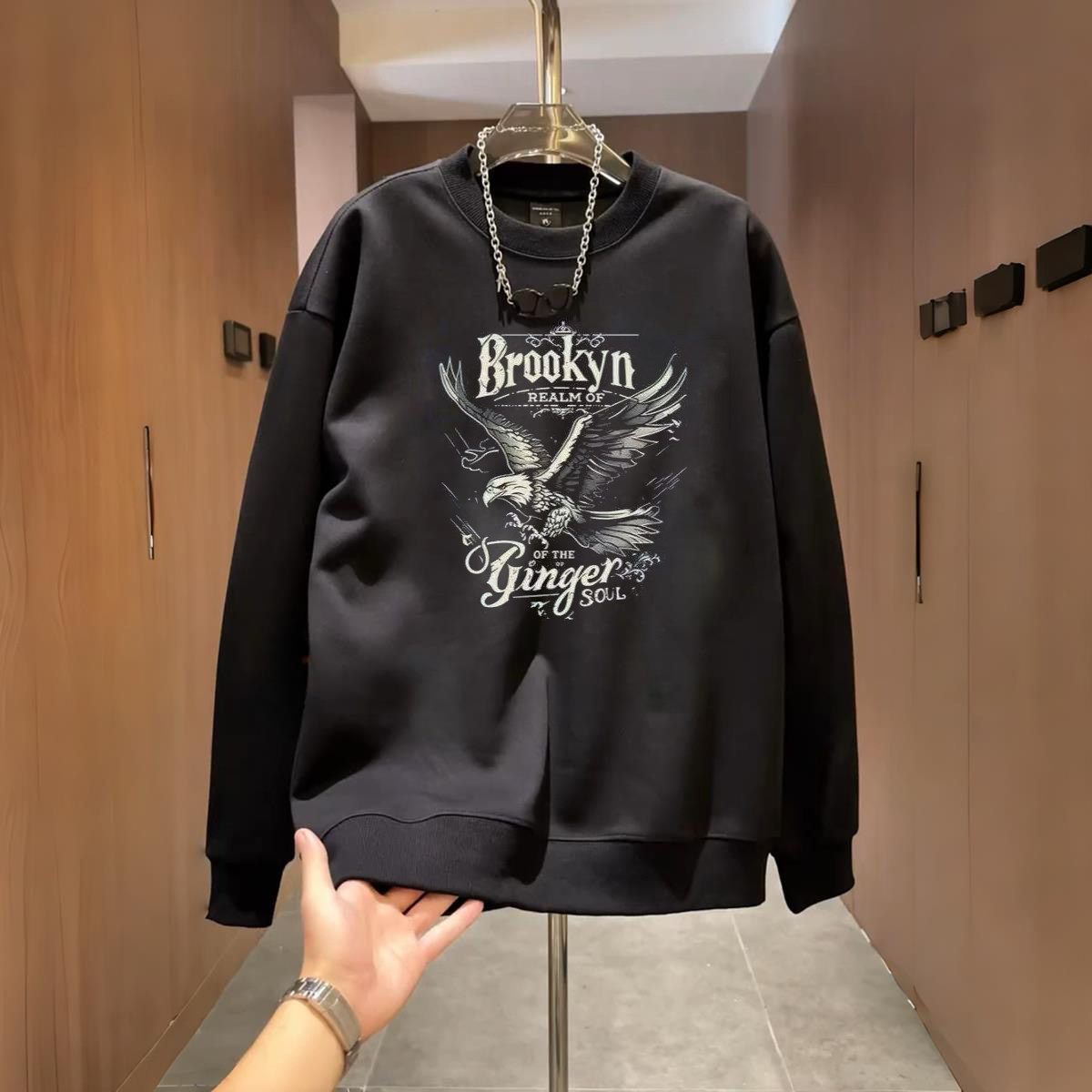 美式痞帅长袖卫衣男圆领大展宏图印花潮牌休闲百搭加厚黑色上衣