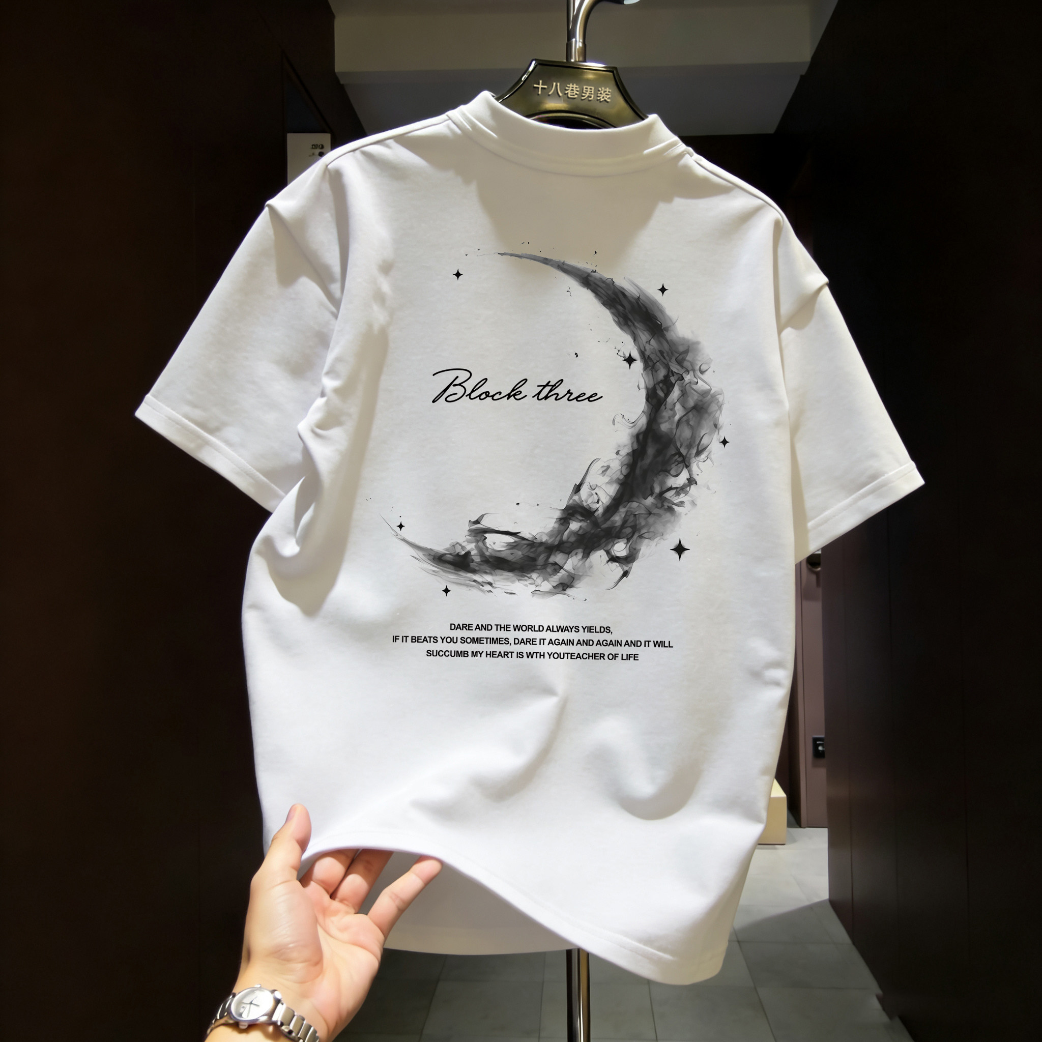 美式高街新款风月亮字母印花短袖T恤男女潮牌宽松纯棉休闲上衣