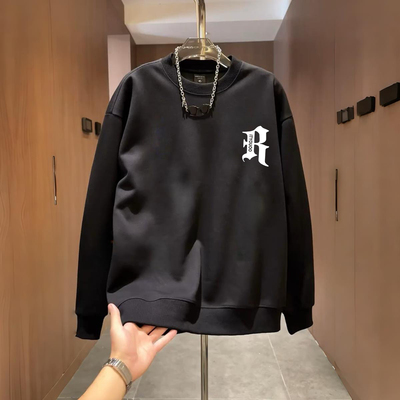 美式复古重磅无帽黑色圆领卫衣