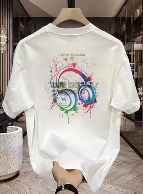 重磅纯棉潮牌涂鸦印花圆领短袖男装宽松休闲百搭外穿白色T恤男士