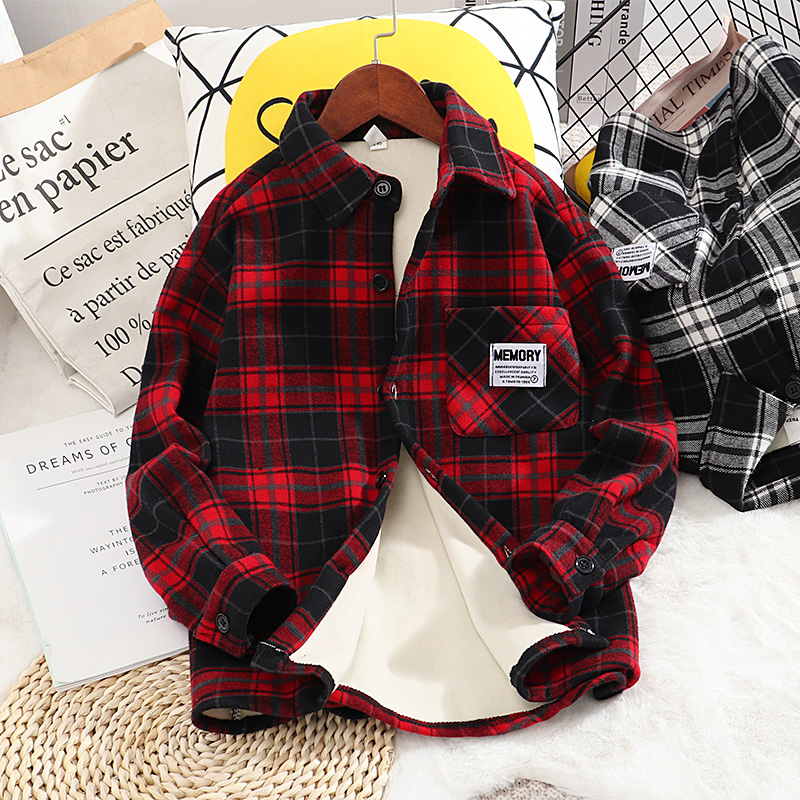 男童秋冬加绒格子衬衫中大童