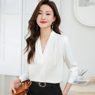 雪纺上衣女神风工作服 通勒设计感缎面长袖 白色V领衬衫 女春秋新款