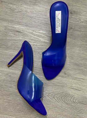 外贸原单  夏天 透明蓝色pvc水晶一字带高跟鱼嘴女凉鞋拖鞋