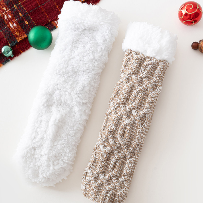 防滑羊羔绒袜子男女秋冬季加绒暖脚居家睡觉保暖毛绒月子地板袜