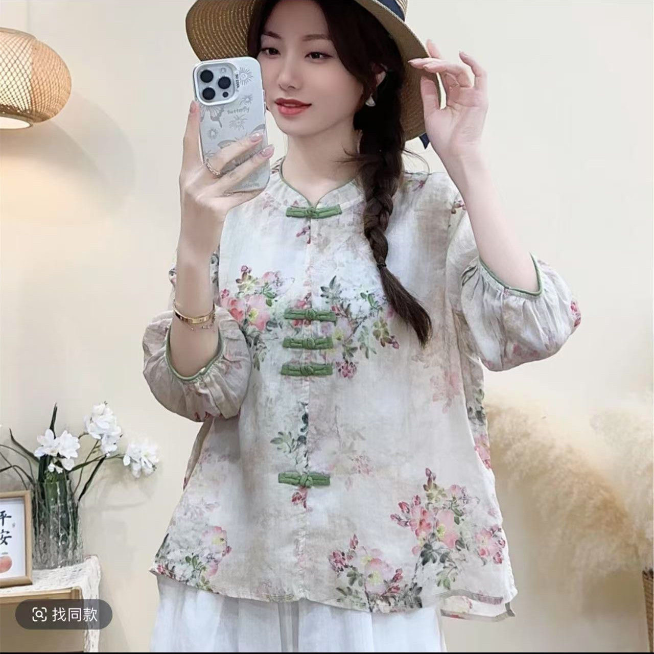 文艺复古小清新印花撞色盘扣衬衫女春夏季宽松七分袖棉麻短款上衣