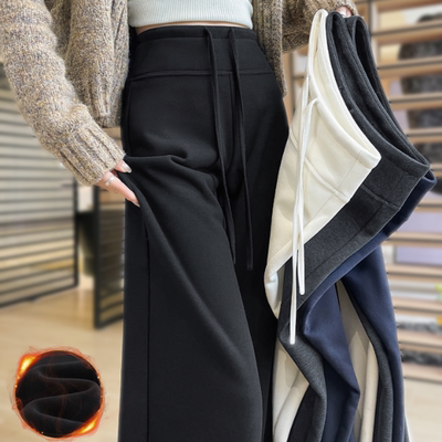高腰宽松慵懒风加绒加厚糯米运动卫裤黑色阔腿裤女秋冬季2025新款