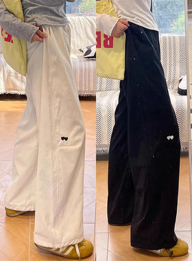 刺绣爱心工装裤女夏季2026新款美式高腰显瘦冲峰运动风登山阔腿裤
