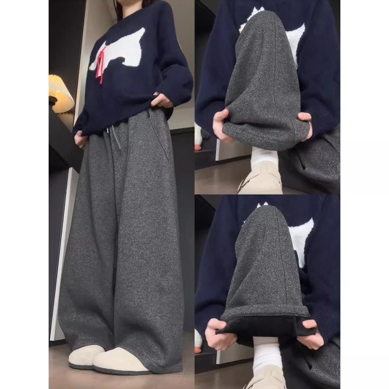 慵懒风高腰加绒加厚宽松阔腿裤毛呢休闲裤深灰色弯刀裤2025新款女