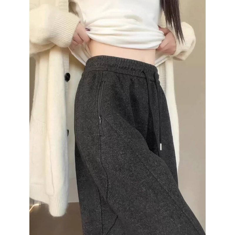 弯刀裤加绒垂感慵懒显瘦高腰小个子黑灰色毛呢阔腿裤女秋冬季新款