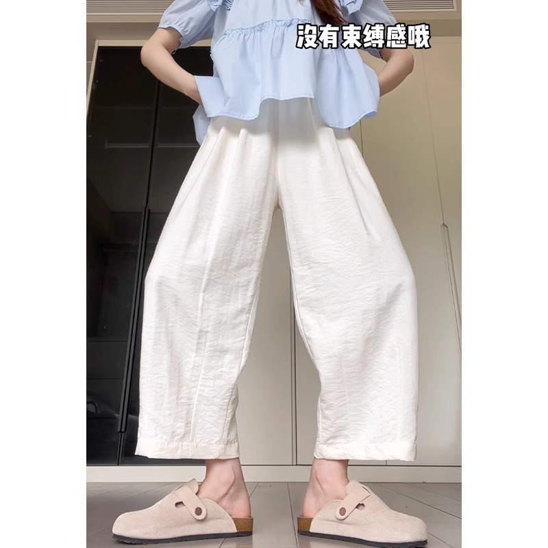 白色冰丝阔腿裤女夏2025新款高腰小个子九分哈伦裤直筒工装萝卜裤
