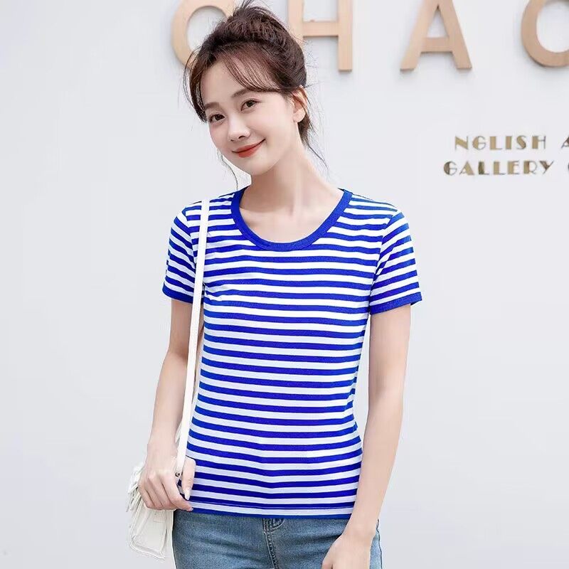 夏季海魂衫女短袖蓝白条纹大码t恤衫水手服演出服男女情侣装班服