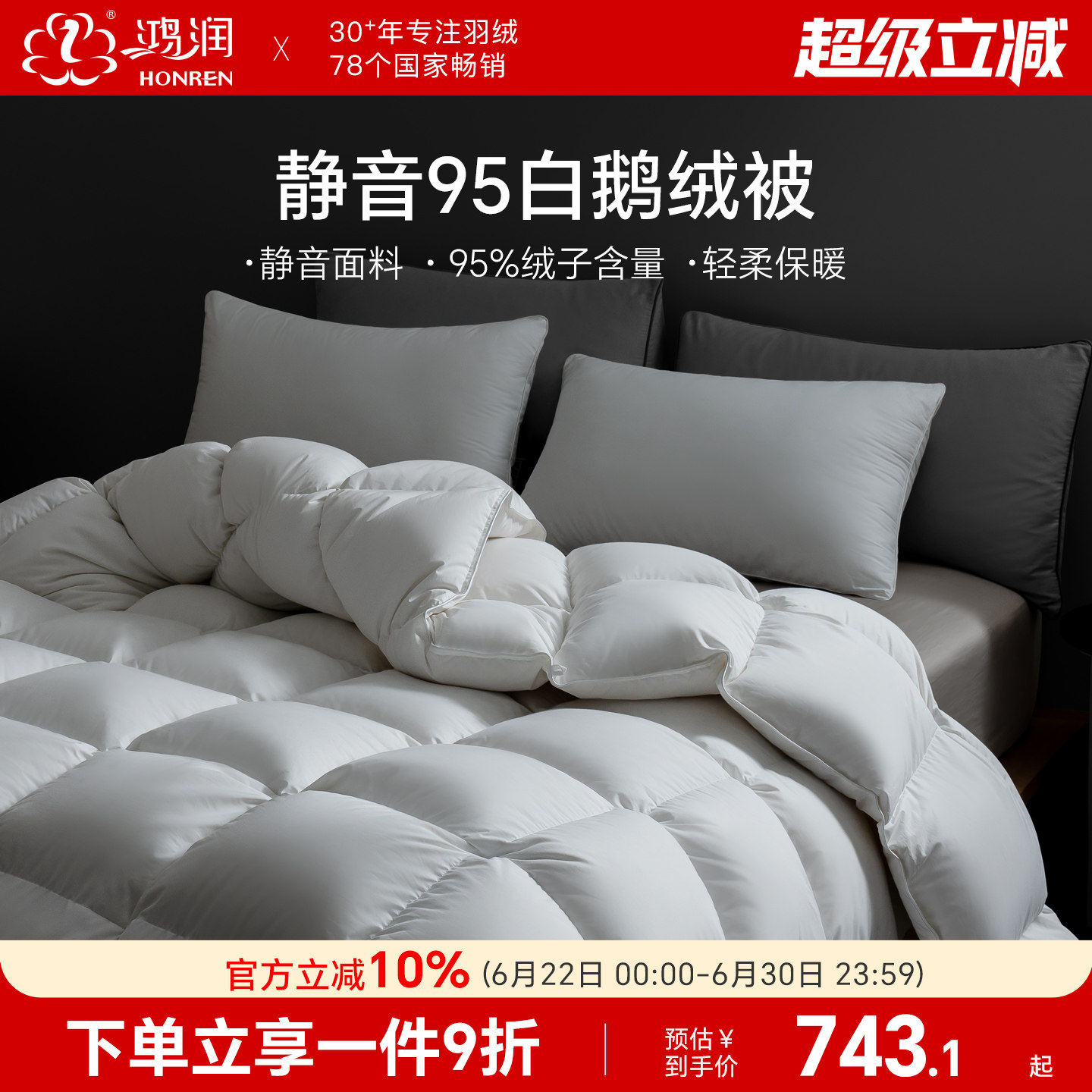 鸿润静音95白鹅绒被抗菌春秋冬被