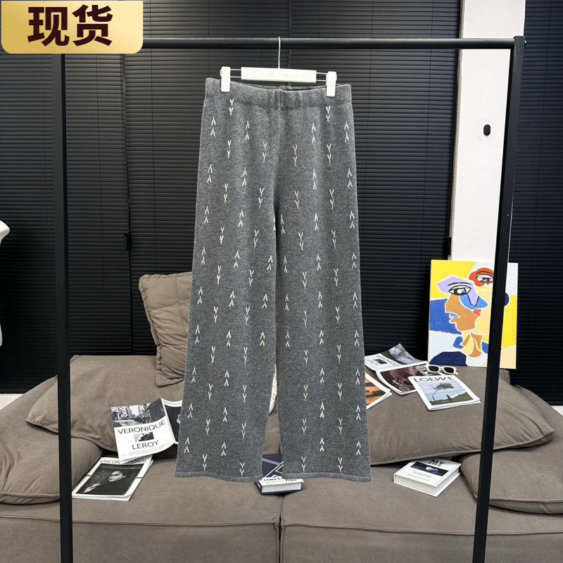 现货MS GERY YY手工彩绣全羊毛针织裤显瘦大直腿休闲长裤女