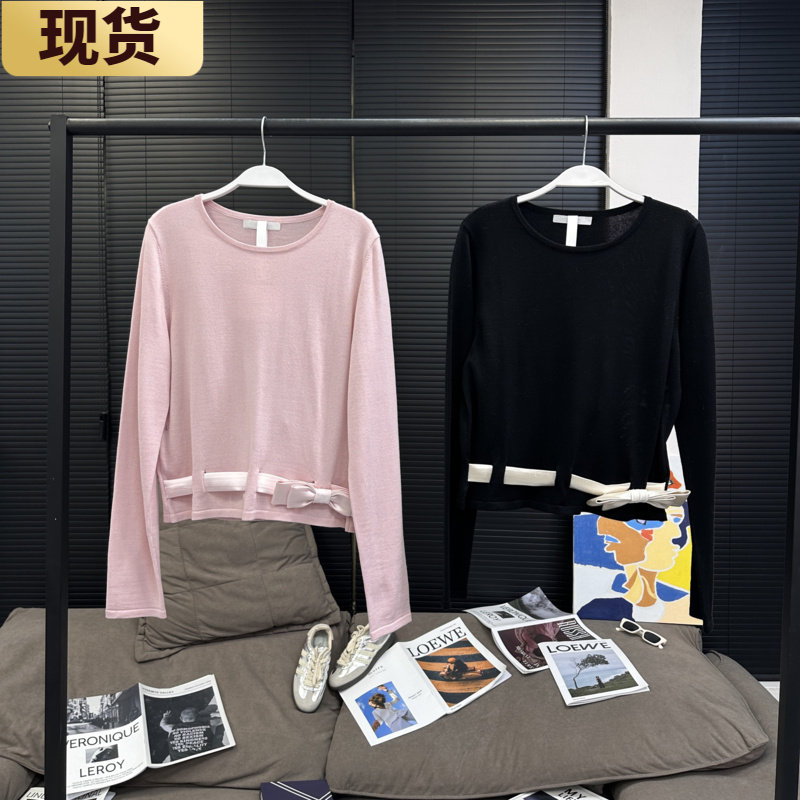 现货MS新序粉＆黑金香槟 缎面蝴蝶结腰带针织衫