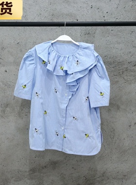 现货MONA蓝色泡泡袖上衣女设计感小众法式复古娃娃领百搭宽松衬衣