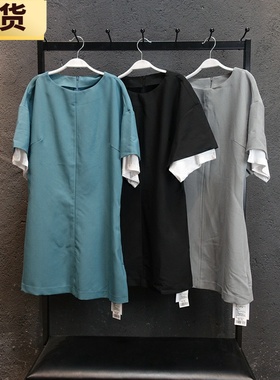 【现货】MONA黑灰蓝色拼接设计感短袖连衣裙子女收腰夏新款显瘦夏