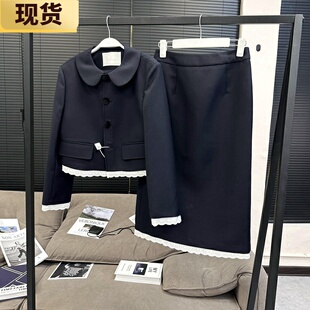 现货 早秋西装 MS蕾斯花边丝绒扣miu式 新款 外套半裙 复古套装