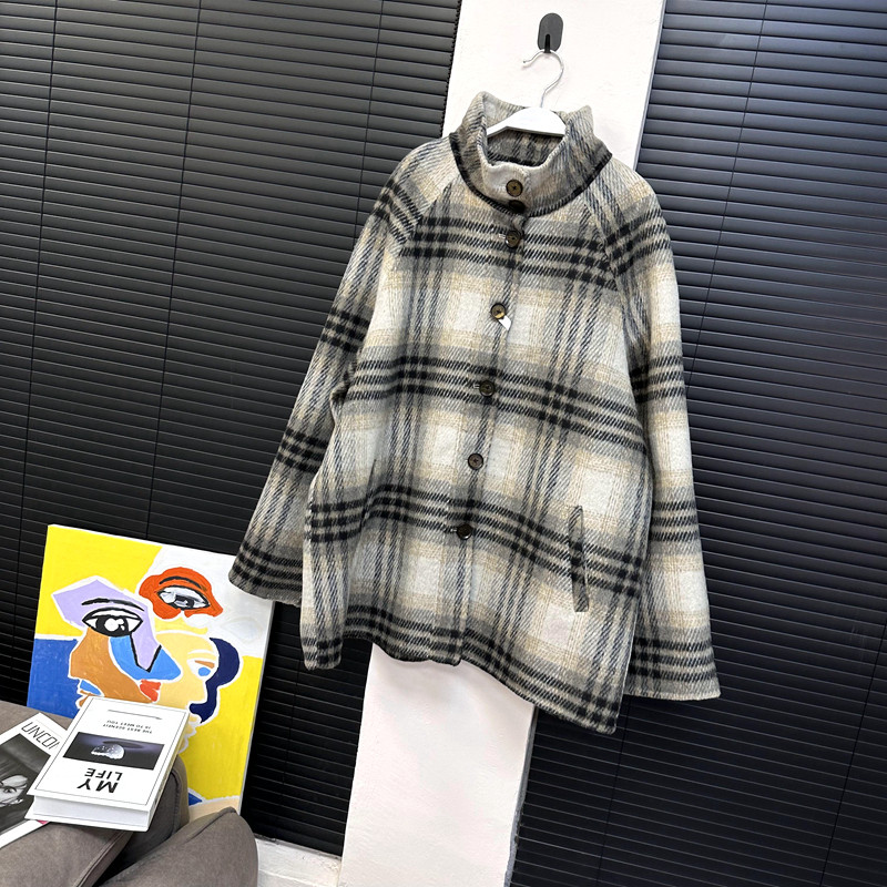 axb马德里漂流岛格纹羊毛大衣双面呢外套女单排扣显瘦外套