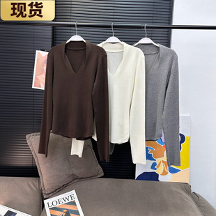 现货MX 3色!高弹正肩V领掐腰显瘦针织衫羊毛打底衫T恤女秋冬上衣