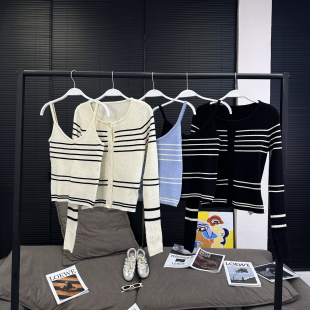 axb 蓝星礼赞 三色条纹套装丝光羊毛吊带长袖针织开衫外套秋