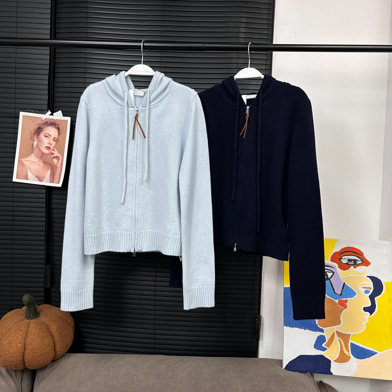 现货MS治愈baby蓝&藏青取胜全羊毛连帽开衫显瘦软糯针织衫外套