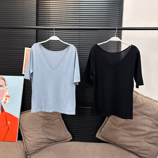 夏新款 上衣宽松针织气质优雅百搭打底衫 Z206 T恤女V领修身 南瓜