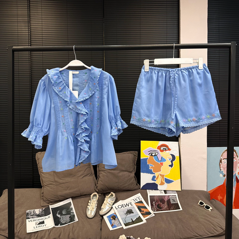 MS卡里布蓝调小城 重工刺绣荷叶边法式衬衫女上衣套装