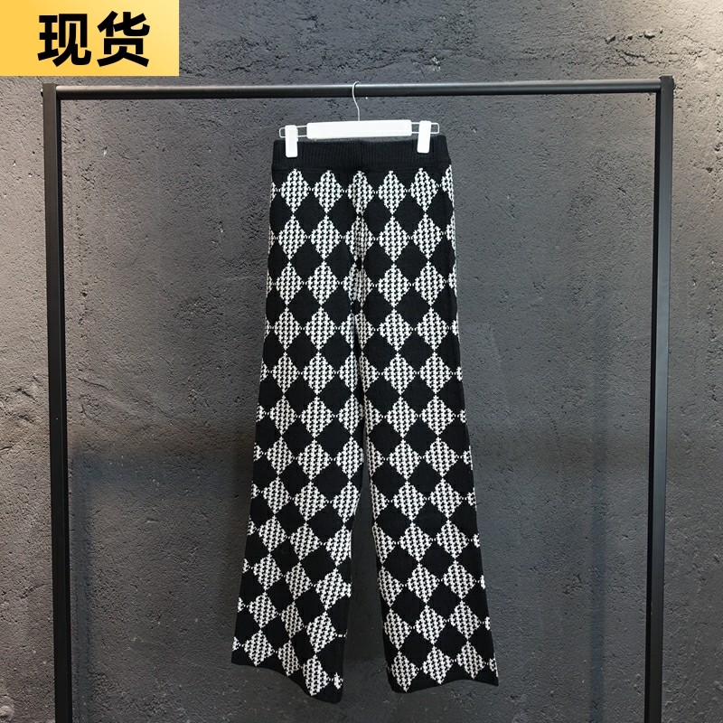 格子菱格纹拼色九分休闲裤子女