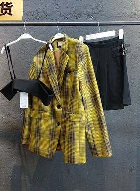 【现货】VC 黄色格子西装套装女春季新款休闲外套百褶裙三件套