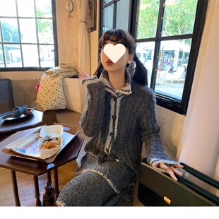 毛衣半裙套装 时髦手工缝线包边毛球绑带针织开衫 美