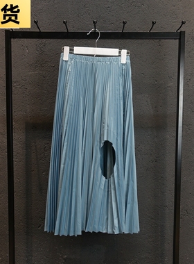 MONA气质小黑裙 黑蓝色不规则百褶裙半身裙子高腰夏2021早秋新款