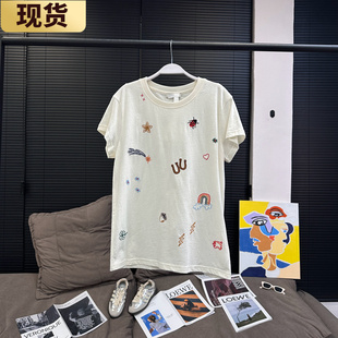 现货MS花了心思 T恤女纯棉木棉上衣 五万针彩色刺绣米白短袖