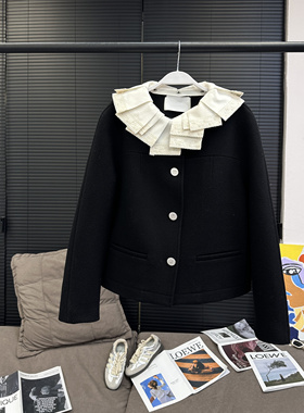 MS香奶奈奥汀玫瑰扣可脱卸花边领毛呢小外套