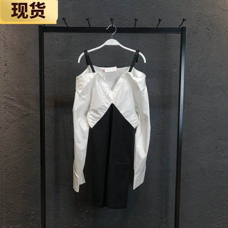 【现货】撞色小蛮腰领衬衫裙女夏2021年新款时尚百搭中款裙子
