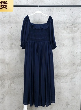 【现货】VC在逃公主蓝色方领连衣裙女复古泡泡袖打揽裙气质长裙