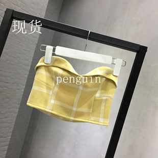 现货大喜庆 裹胸女百搭无肩带格子个性气质短款上衣