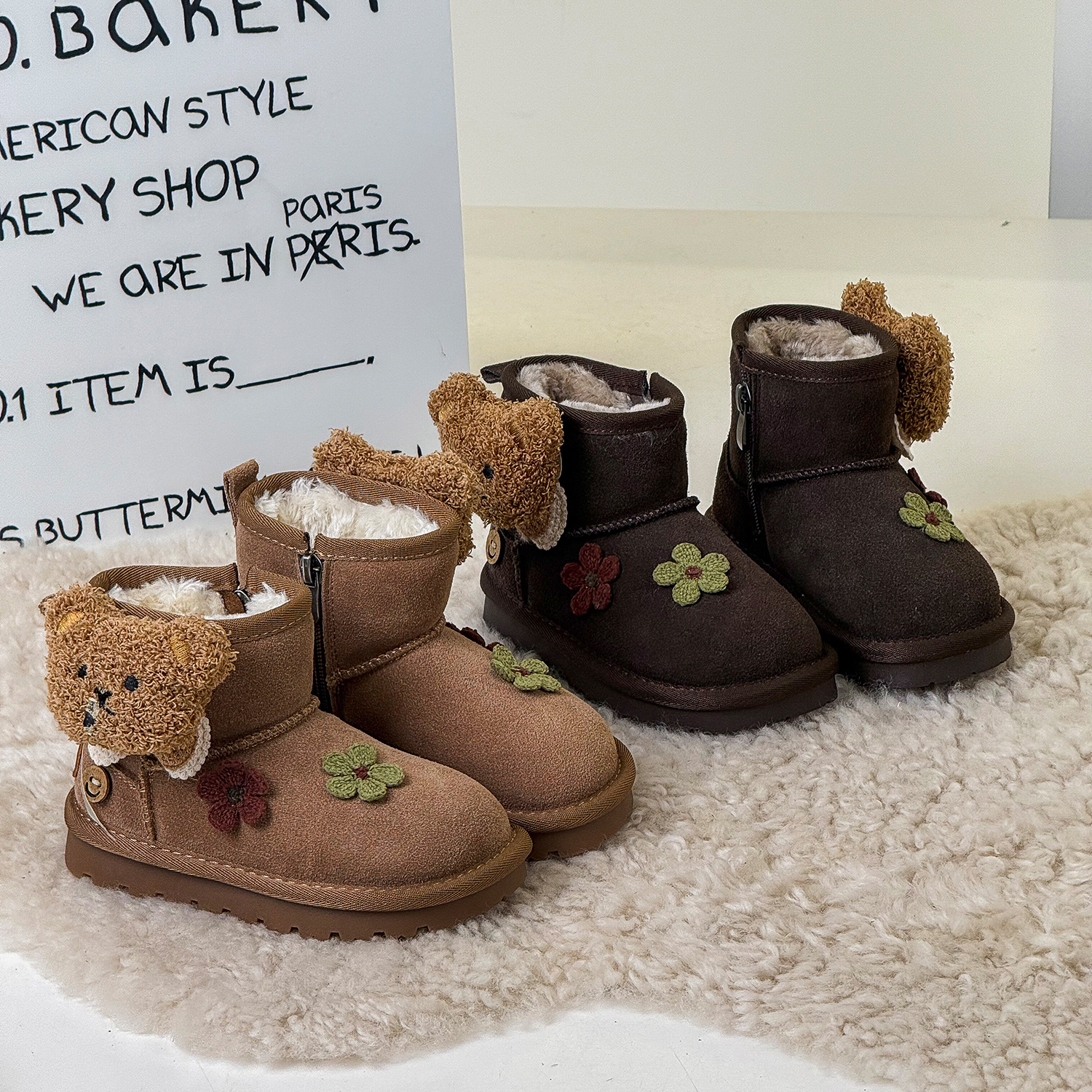 儿童卡通雪地靴冬季加绒加厚保暖棉靴子男女童小熊短靴学生休闲潮