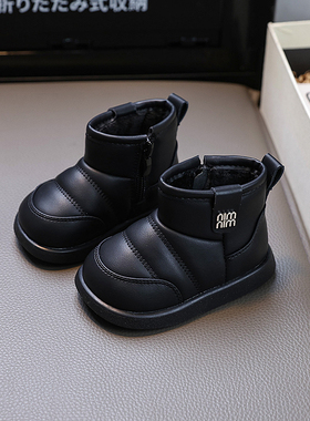 男女童宝宝皮鞋加绒保暖棉鞋软底婴幼儿学步鞋1一2-3岁棉短靴黑色