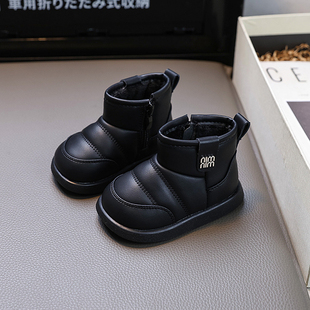 男女童宝宝皮鞋加绒保暖棉鞋软底婴幼儿学步鞋1一2-3岁棉短靴黑色